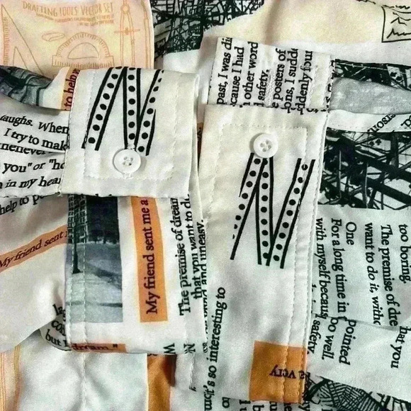 Newspaper All over Print Slogan Collared Button Front Drop Shoulder Blouse, L - Picture 8 of 13